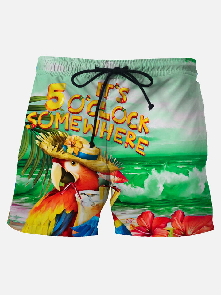 Son las 5 en punto en algún lugar, pantalones casuales de playa hawaianos de manga corta para hombre, pantalones cortos elásticos de talla grande con diseño de loro