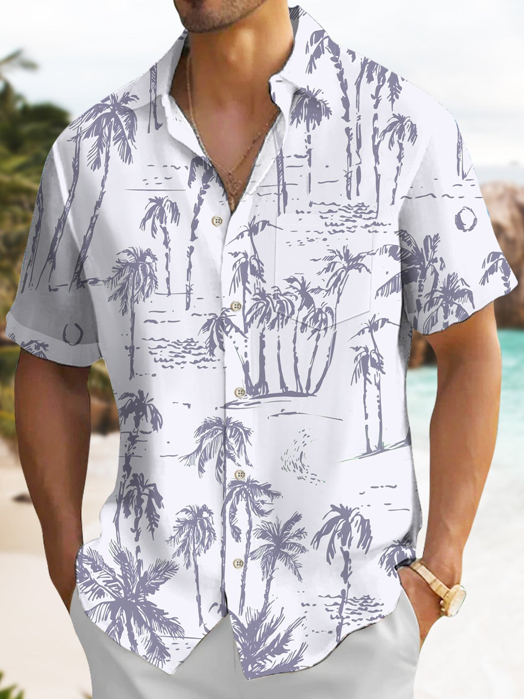 Alohadaddy Hawaiian Palm Tree Painting Art Button Cardigan Pockets Large Size Long Polyester Short Sleeve Shirt