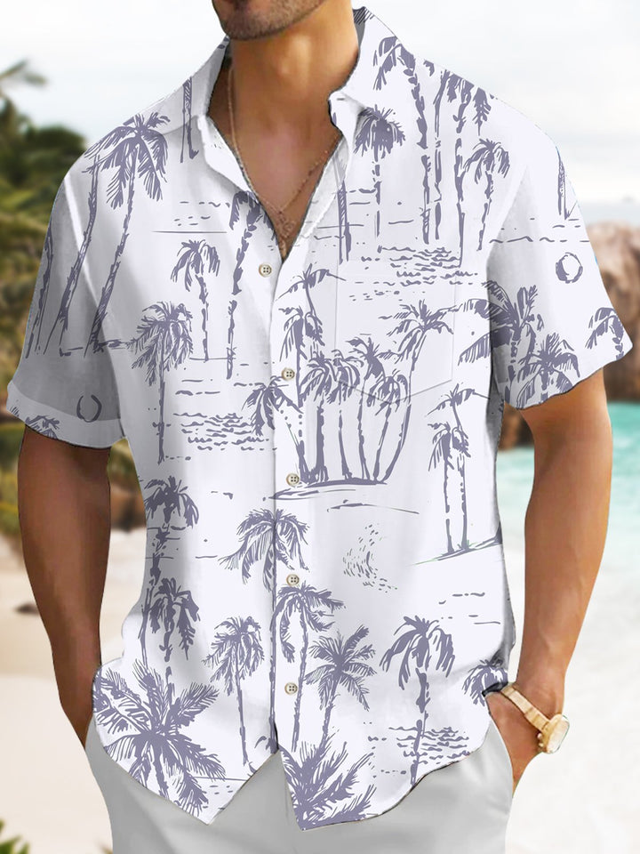 Alohadaddy Hawaiian Palm Tree Painting Art Button Cardigan Pockets Large Size Long Polyester Short Sleeve Shirt