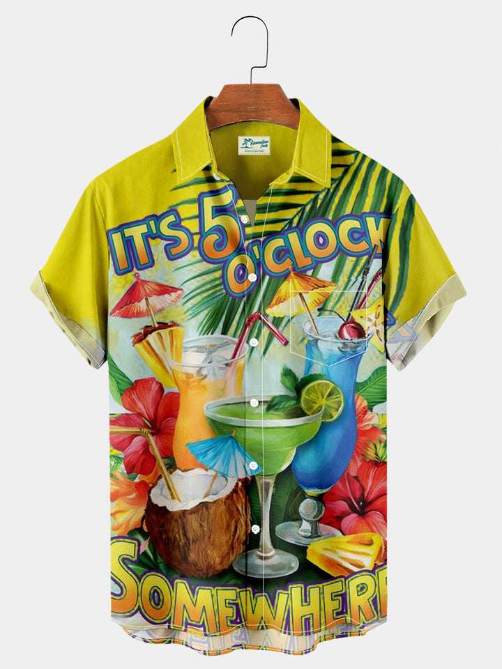 Parrot It’s 5 O’clock Somewhere  Drinking Bird Breast Pocket Hawaiian Shirt Plus Size Vacation Shirt