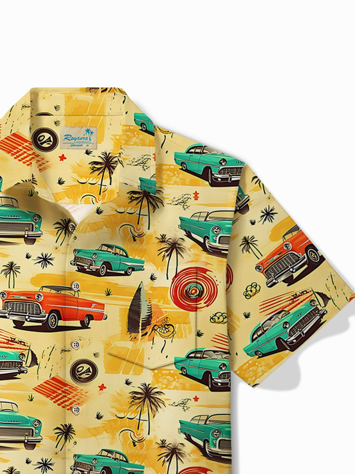 Camisa de manga corta con bolsillo abotonado y estampado de coches retro para hombre de Alohadaddy