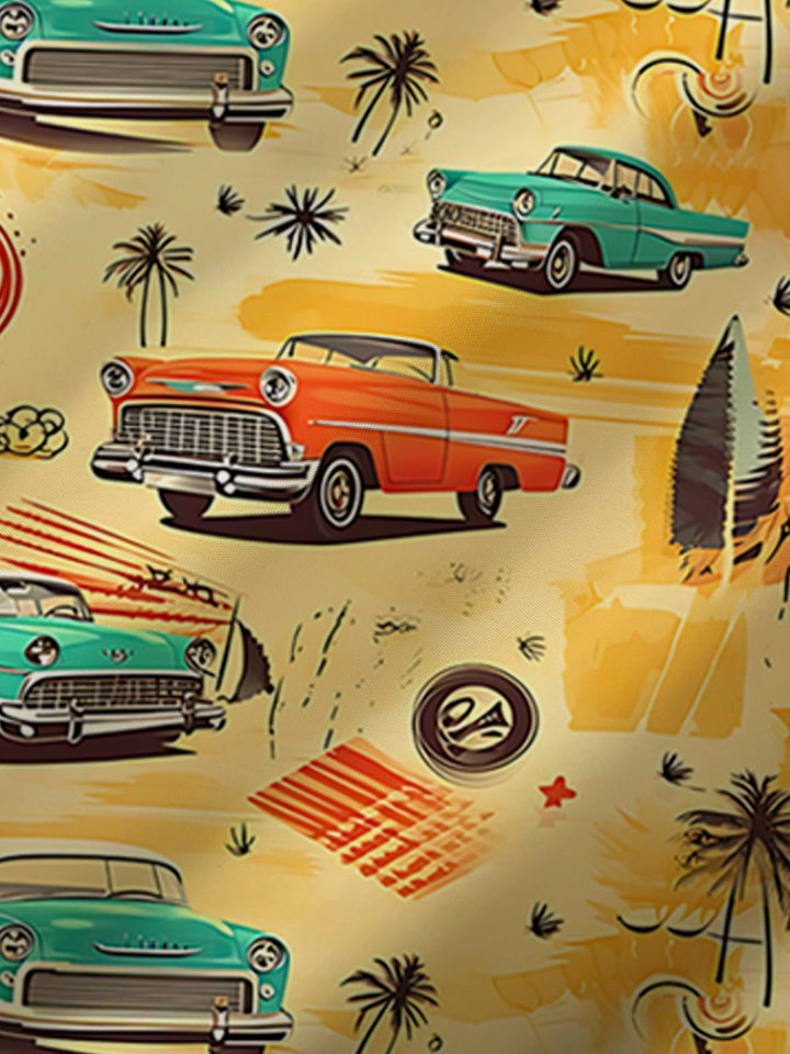 Camisa de manga corta con bolsillo abotonado y estampado de coches retro para hombre de Alohadaddy