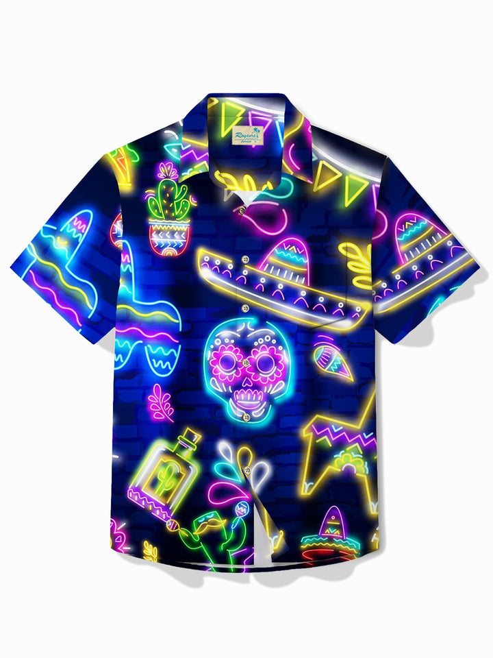 Camisa de manga corta con bolsillo abotonado para hombre con estampado de calaveras y música del Cinco de Mayo de Alohadaddy