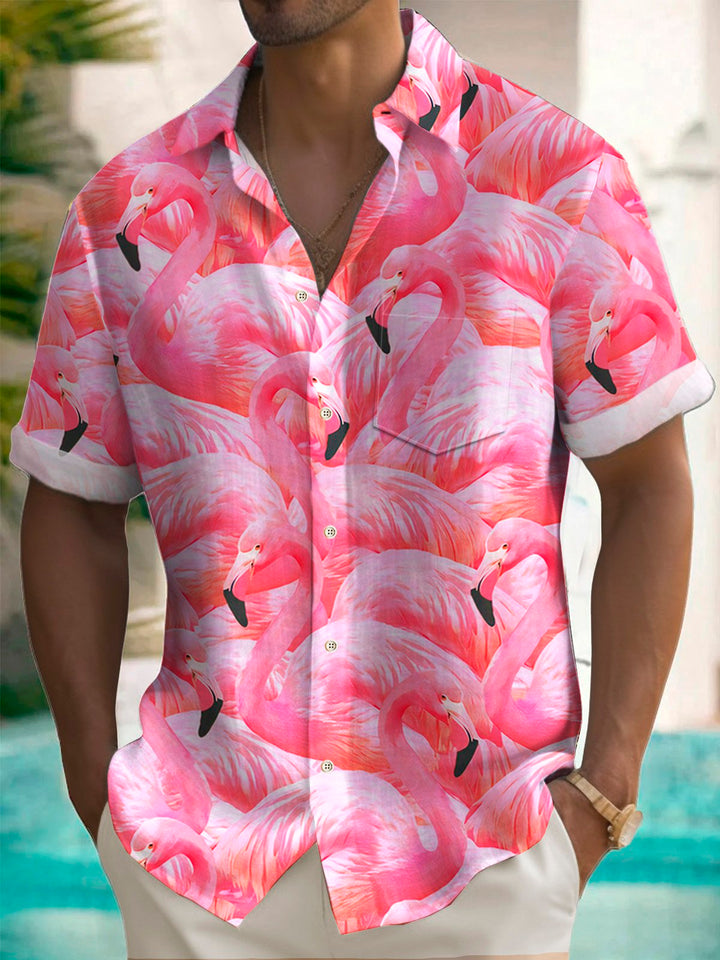 Camisa de manga corta con bolsillos y botones para hombre con estampado de flamencos hawaianos de Alohadaddy