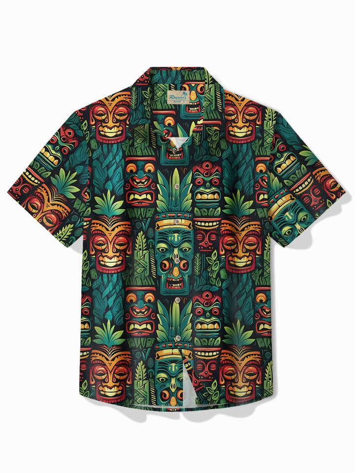 Camisa de manga corta con bolsillo abotonado para hombre con estampado botánico Tiki hawaiano de Alohadaddy