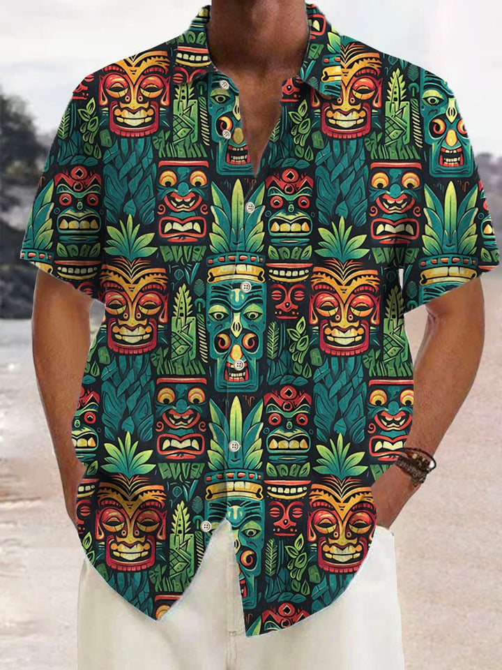 Camisa de manga corta con bolsillo abotonado para hombre con estampado botánico Tiki hawaiano de Alohadaddy