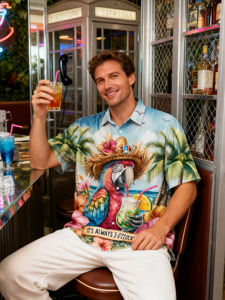 Alohadaddy Vacation Hawaii Parrot Print Art Pocket Button Elastic Oversized Shirt