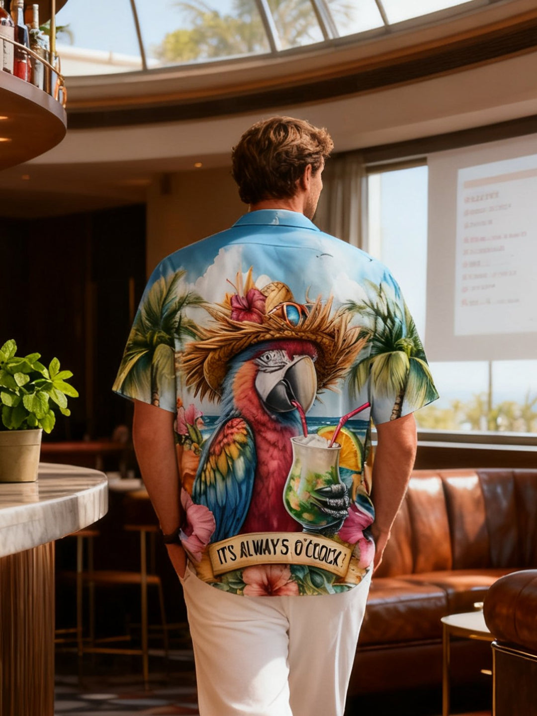 Alohadaddy Vacation Hawaii Parrot Print Art Pocket Button Elastic Oversized Shirt