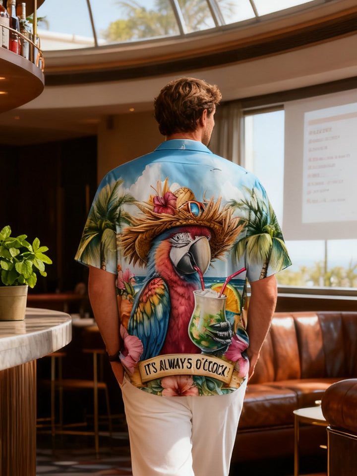 Alohadaddy Vacation Hawaii Parrot Print Art Pocket Button Elastic Oversized Shirt