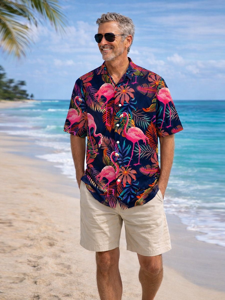 Chemise hawaïenne décontractée à manches courtes pour hommes avec imprimé flamant botanique