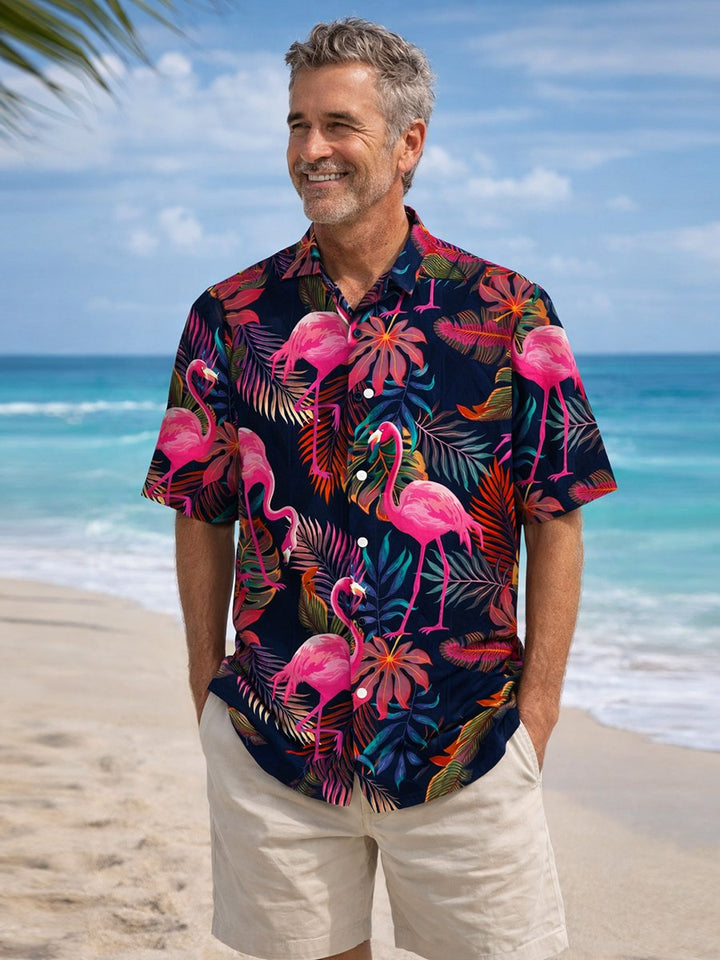 Chemise hawaïenne décontractée à manches courtes pour hommes avec imprimé flamant botanique