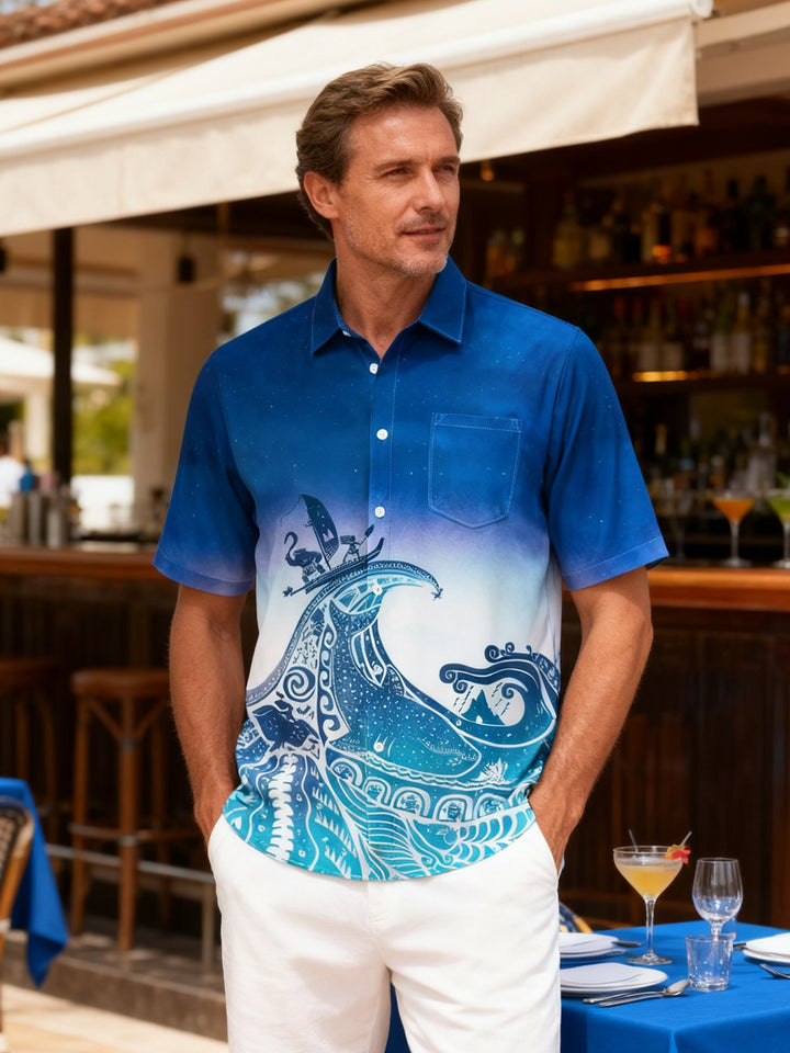 Alohadaddy® Vintage Ukiyo-e Gradient Print Chest Pocket Stretch Men&