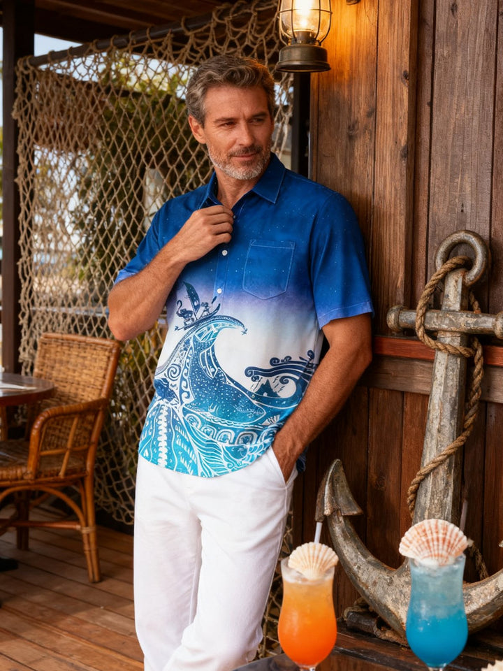 Alohadaddy® Vintage Ukiyo-e Gradient Print Chest Pocket Stretch Men&