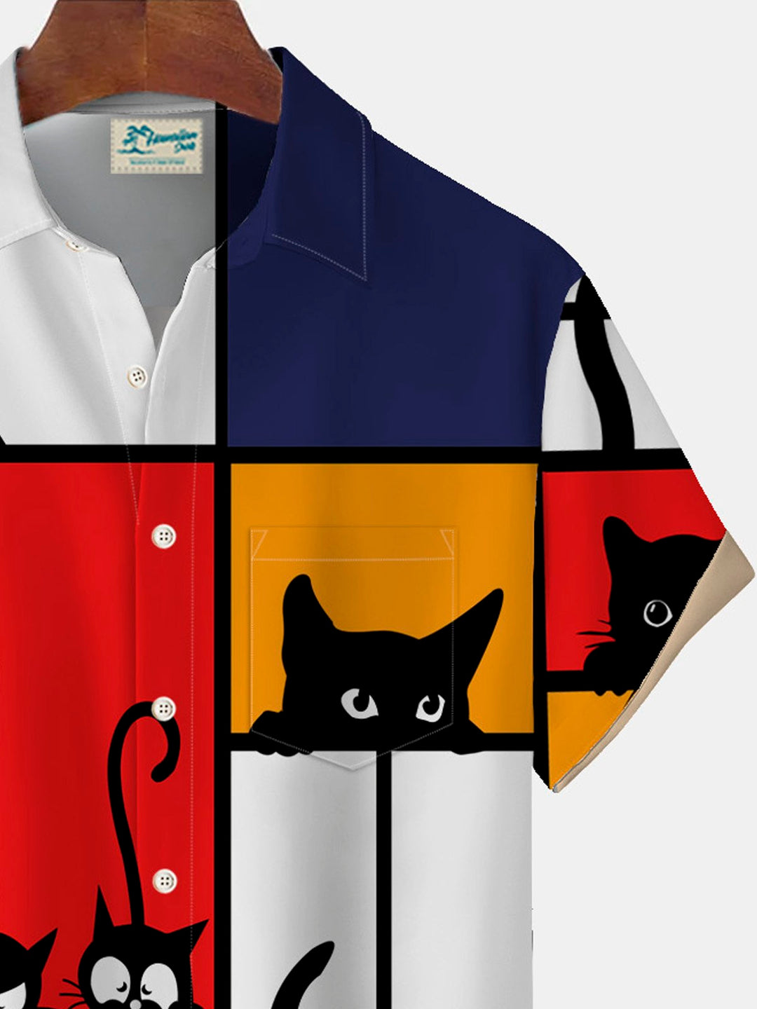 Chemise à manches courtes et poches boutonnées pour homme avec imprimé chat de dessin animé amusant d&