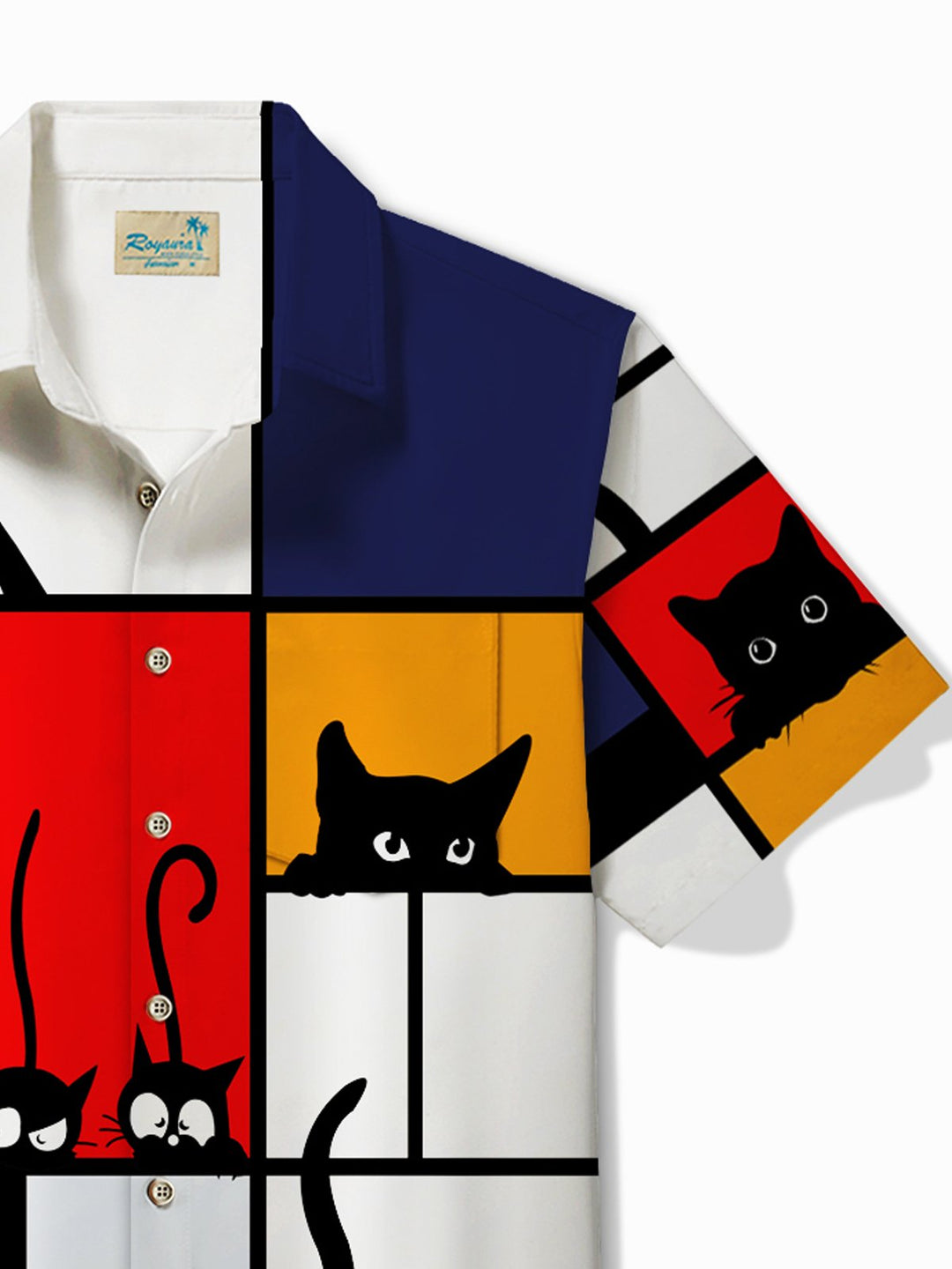Chemise à manches courtes et poches boutonnées pour homme avec imprimé chat de dessin animé amusant d&