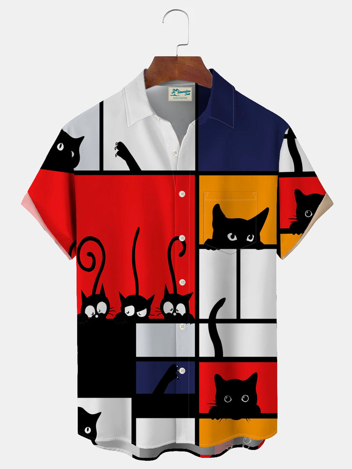 Chemise à manches courtes et poches boutonnées pour homme avec imprimé chat de dessin animé amusant d&