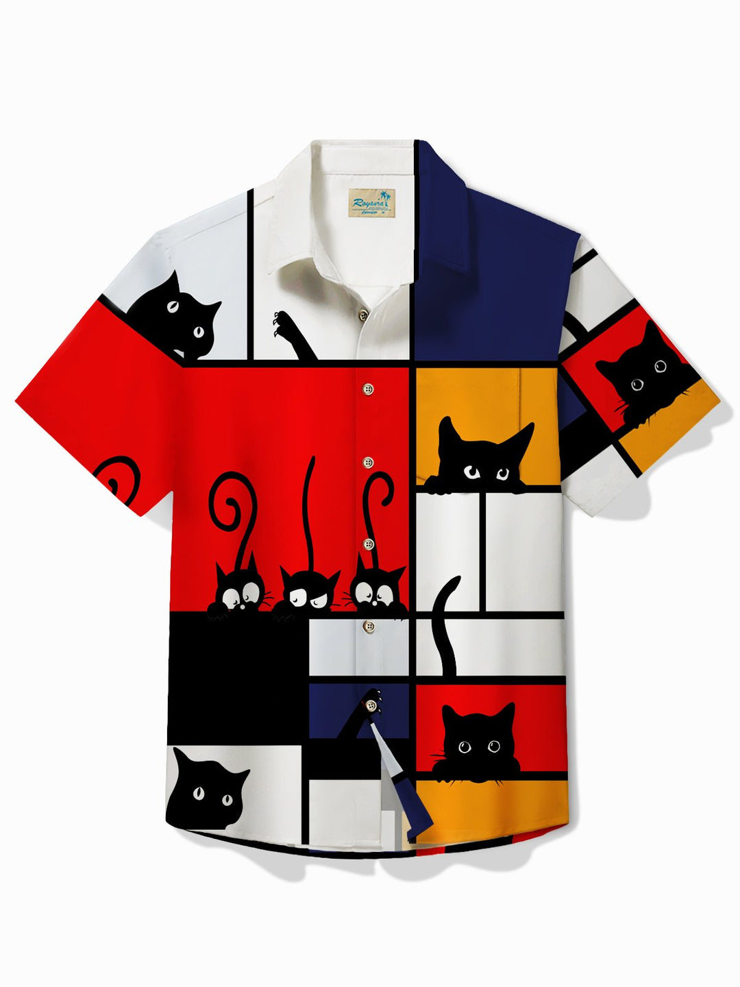 Chemise à manches courtes et poches boutonnées pour homme avec imprimé chat de dessin animé amusant d&