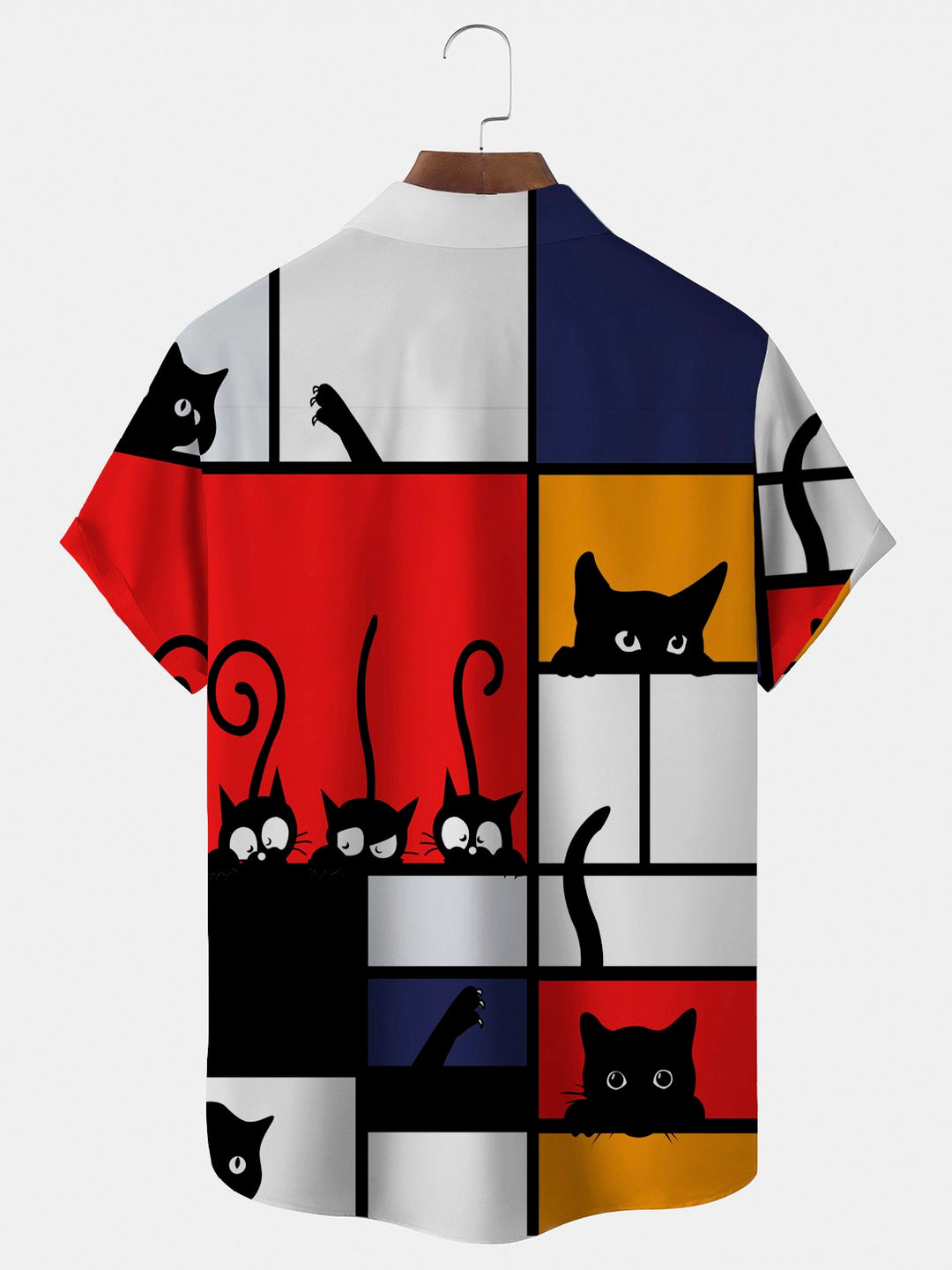 Chemise à manches courtes et poches boutonnées pour homme avec imprimé chat de dessin animé amusant d&