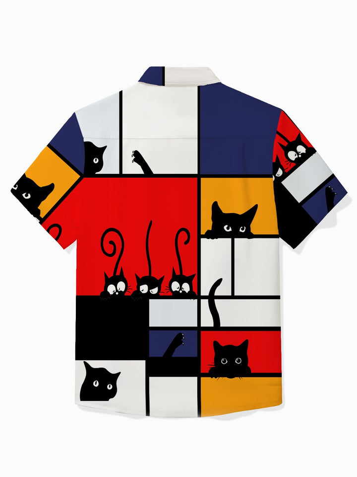 Chemise à manches courtes et poches boutonnées pour homme avec imprimé chat de dessin animé amusant d&