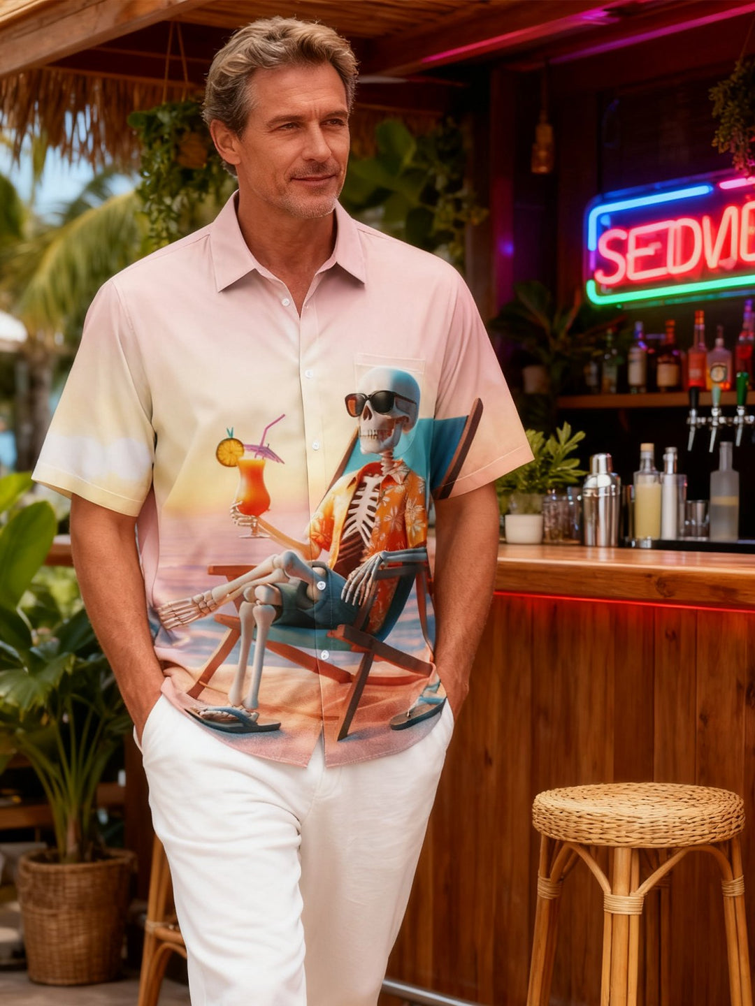 Alohadaddy® Hawaiian Vacation Skull Art Print Chest Pocket Men&