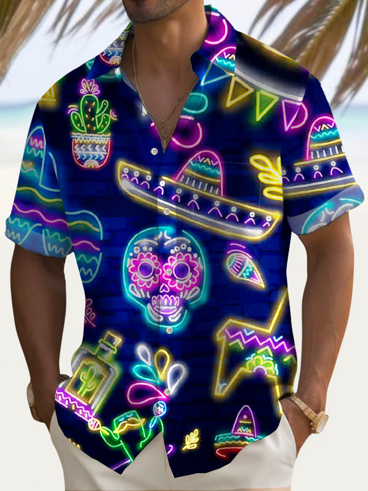 Camisa de manga corta con bolsillo abotonado para hombre con estampado de calaveras y música del Cinco de Mayo de Alohadaddy