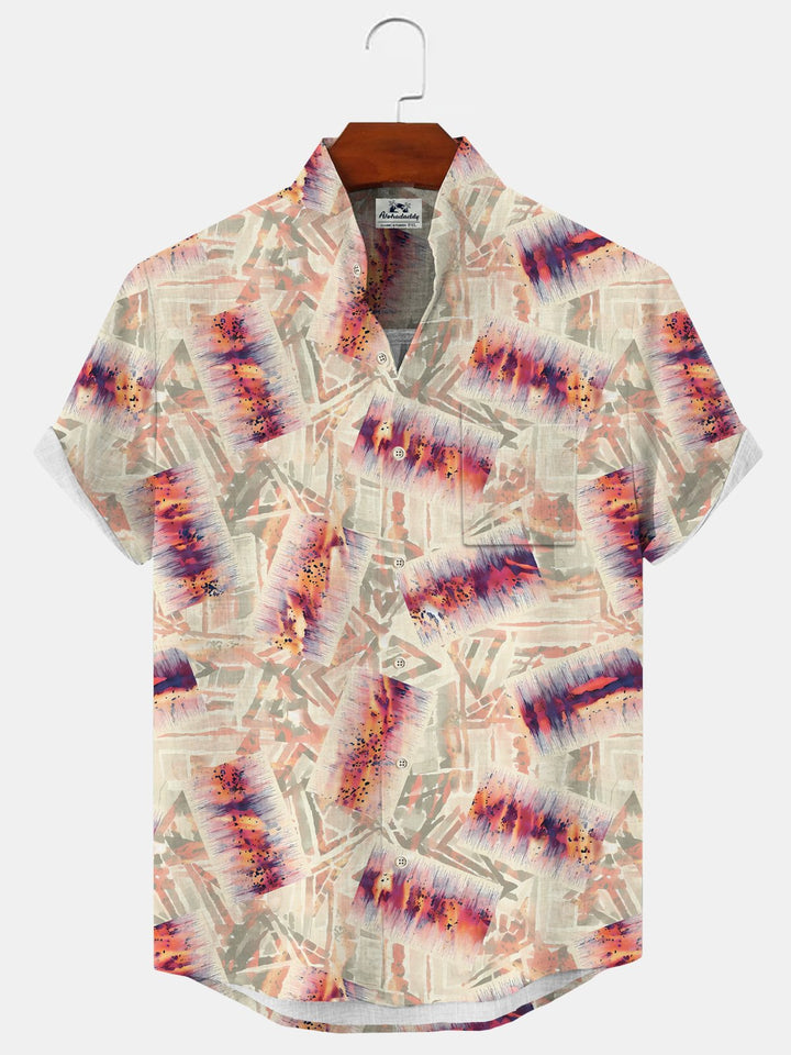 Alohadaddy Geometric Pattern Button Pocket Casual Short Sleeve Stand Collar Shirt