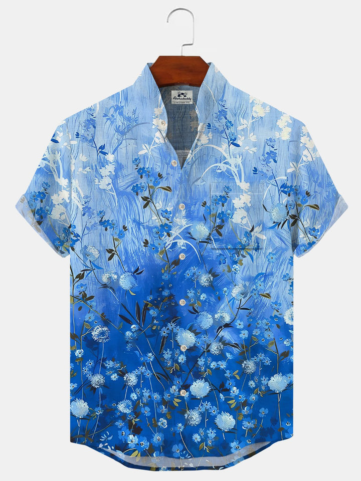 Alohadaddy Plant Gradient Button Pocket Casual Short Sleeve Stand Collar Shirt