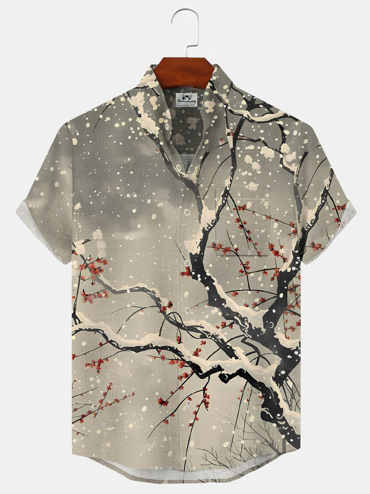 Alohadaddy Plant Peach Blossom Button Pocket Casual Short Sleeve Stand Collar Shirt