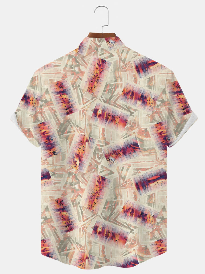 Alohadaddy Geometric Pattern Button Pocket Casual Short Sleeve Stand Collar Shirt