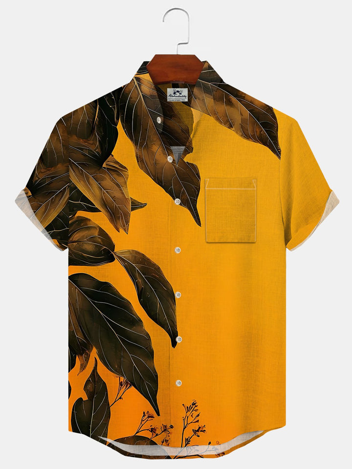 Alohadaddy Plant Leaves Button Pocket Casual Short Sleeve Stand Collar Shirt