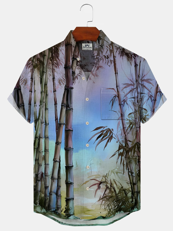 Alohadaddy Plant Leaves Button Pocket Casual Short Sleeve Stand Collar Shirt