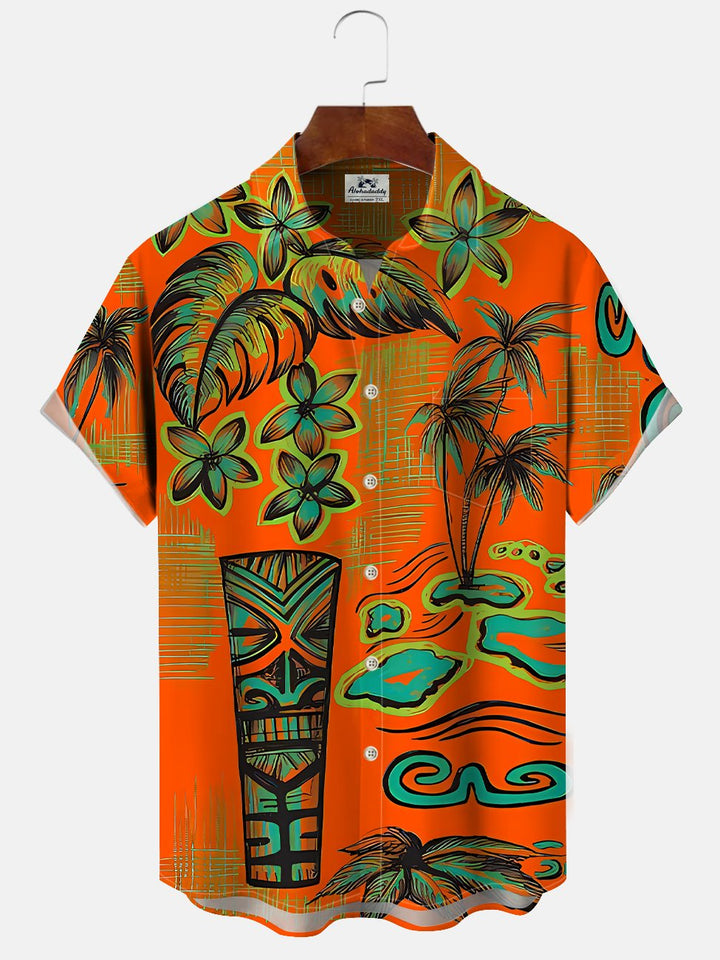 Alohadaddy Plant Stone Statue Coconut Tree Button Pocket Casual Short Sleeve Shirt