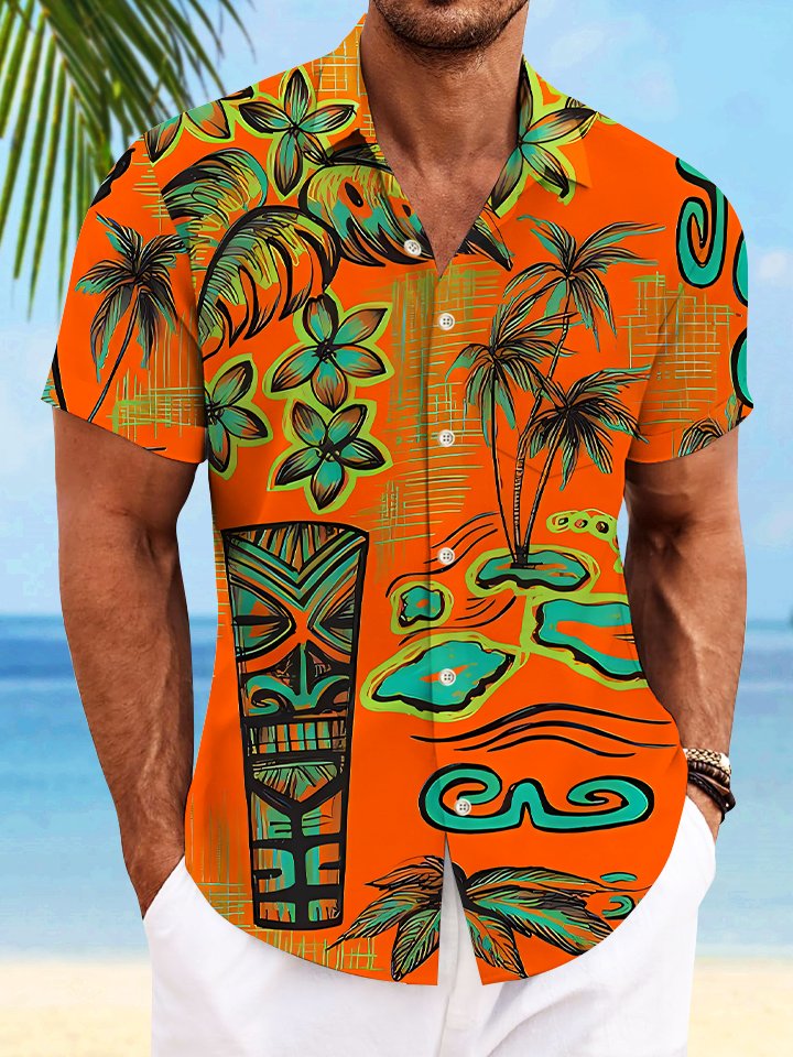 Alohadaddy Plant Stone Statue Coconut Tree Button Pocket Casual Short Sleeve Shirt