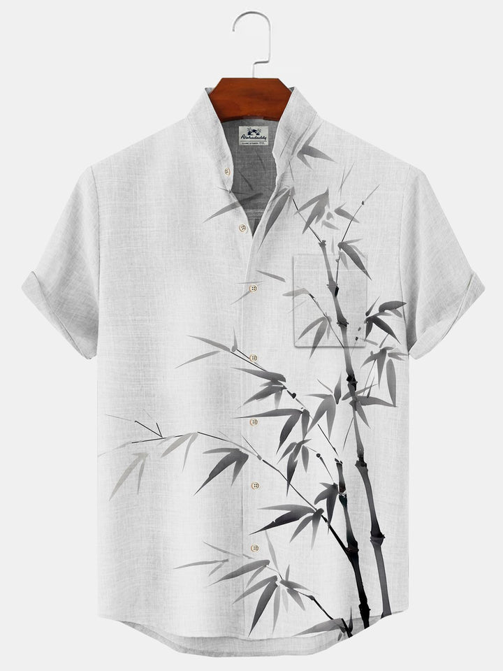 Alohadaddy Plant Bamboo Button Pocket Casual Short Sleeve Stand Collar Shirt