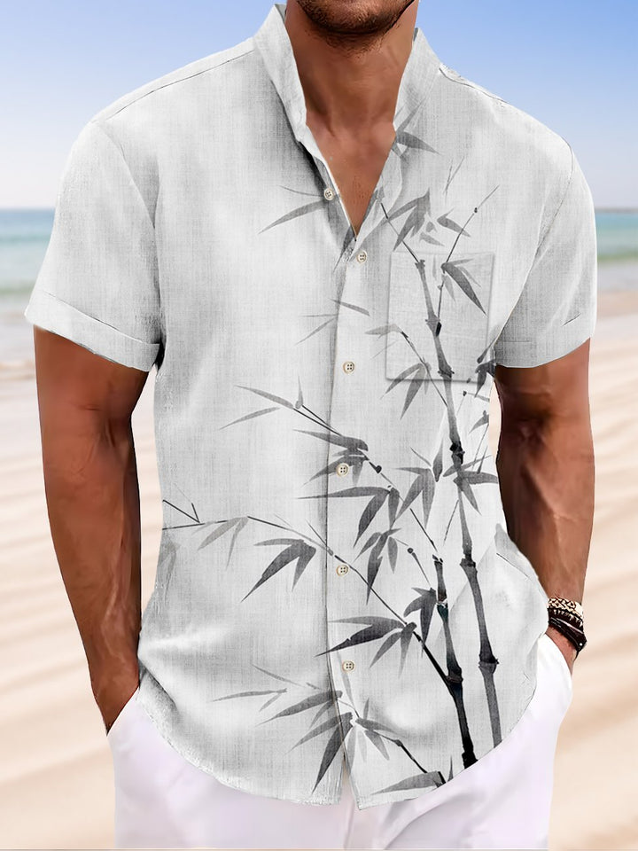 Alohadaddy Plant Bamboo Button Pocket Casual Short Sleeve Stand Collar Shirt