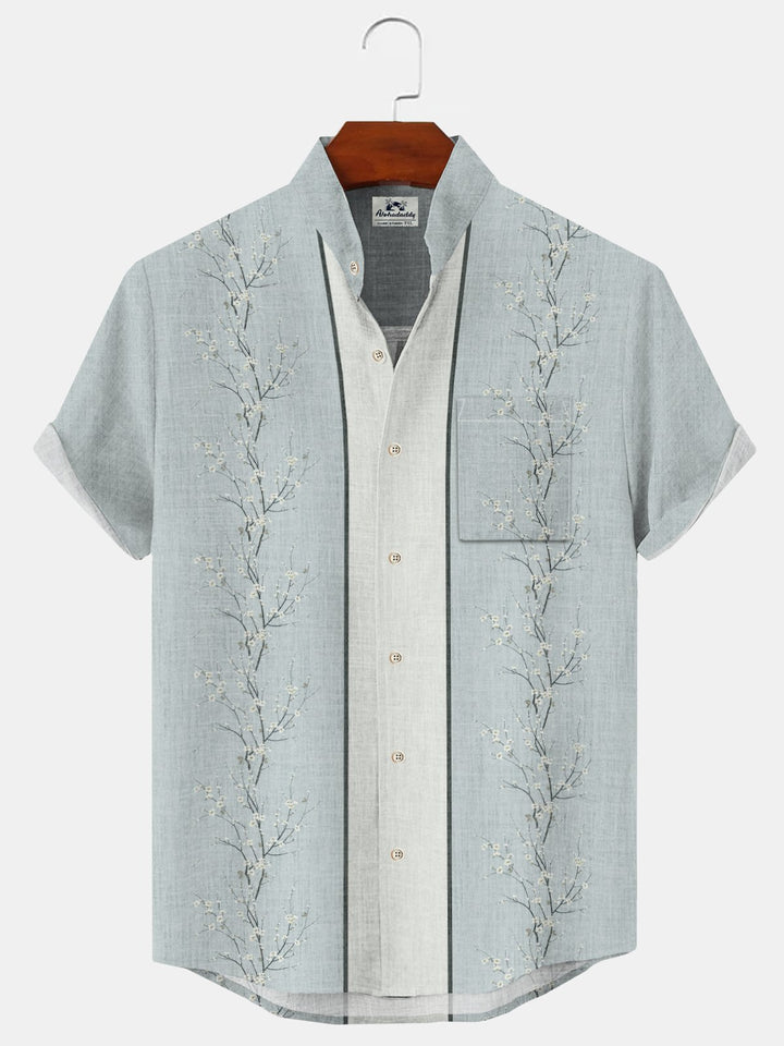 Alohadaddy Plant Button Pocket Casual 50S Bowling Commuter Stand Collar Short Sleeve Shirt