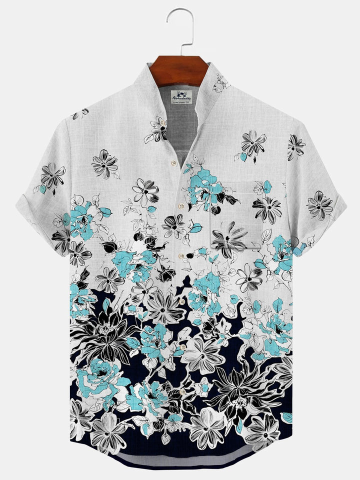 Alohadaddy Plant Flower Button Pocket Casual Short Sleeve Stand Collar Shirt