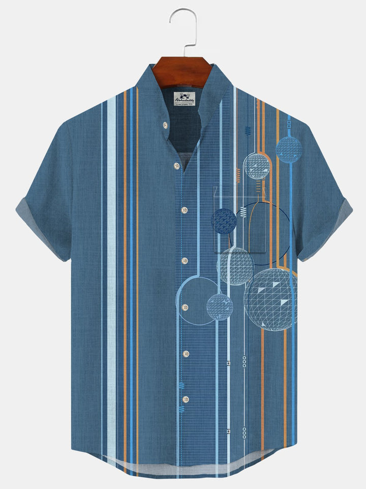 Alohadaddy Geometric Lines Pocket Casual Short Sleeve Stand Collar Shirt