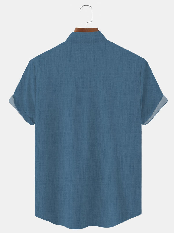 Alohadaddy Geometric Lines Pocket Casual Short Sleeve Stand Collar Shirt