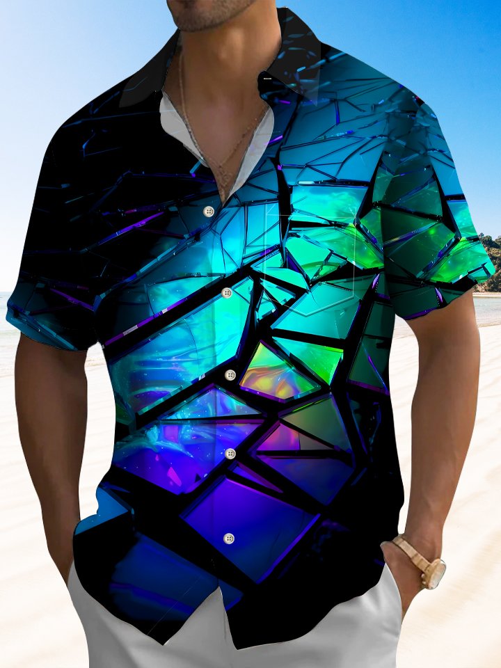 Alohadaddy Geometric Pattern Button Pocket Casual Short Sleeve Shirt