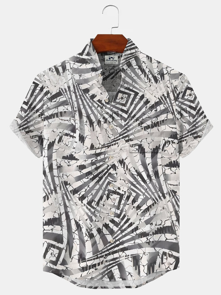 Alohadaddy Geometric Pattern Button Pocket Casual Short Sleeve Stand Collar Shirt