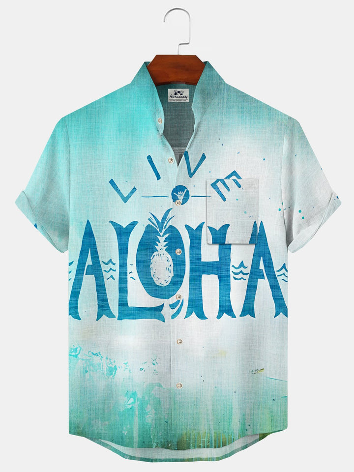 Alohadaddy Beach Gradient Button Pocket Casual Short Sleeve Stand Collar Shirt