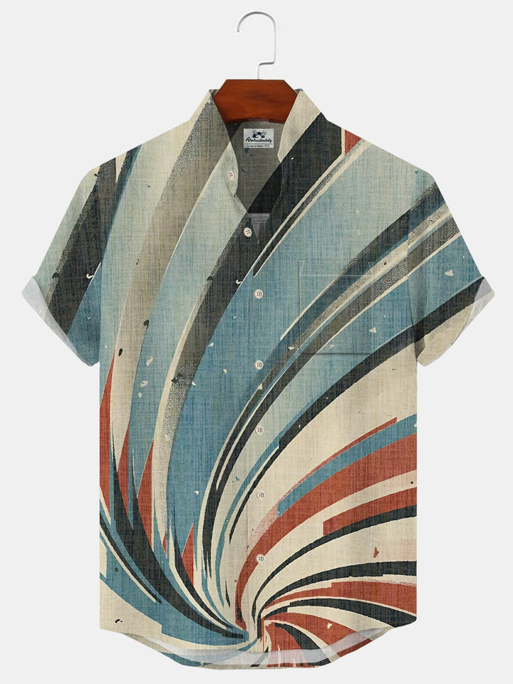 Alohadaddy Geometric Retro Button Pocket Casual Short Sleeve Stand Collar Shirt
