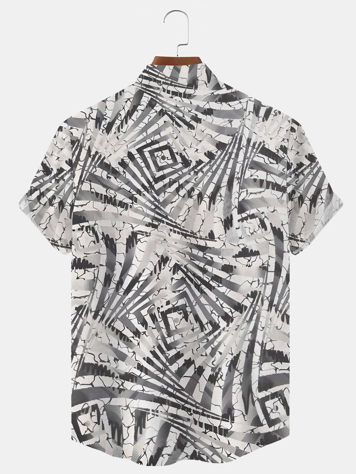 Alohadaddy Geometric Pattern Button Pocket Casual Short Sleeve Stand Collar Shirt