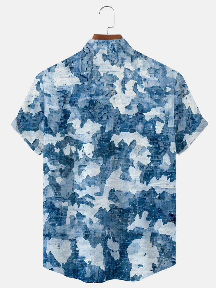 Alohadaddy Camouflage Geometric Button Pocket Casual Short Sleeve Stand Collar Shirt