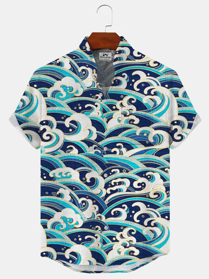 Alohadaddy Wave Retro Button Pocket Casual Short Sleeve Stand Collar Shirt