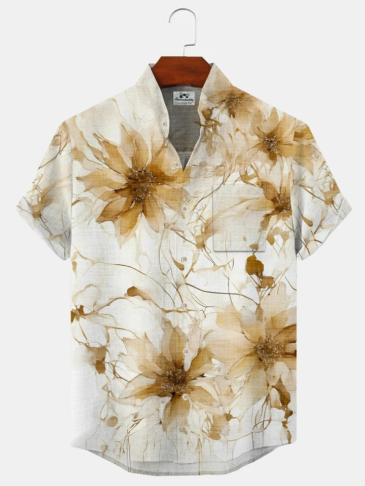 Alohadaddy Plant Flower Button Pocket Casual Short Sleeve Stand Collar Shirt
