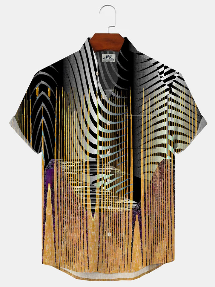 Alohadaddy Geometric Gradient Button Pocket Casual Short Sleeve Stand Collar Shirt