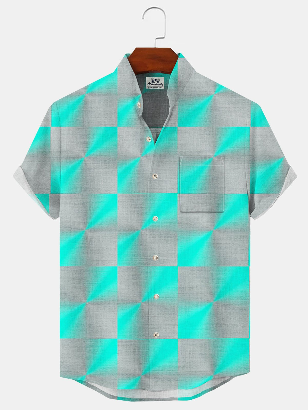 Alohadaddy Geometric Contrast Button Pocket Casual Short Sleeve Stand Collar Shirt