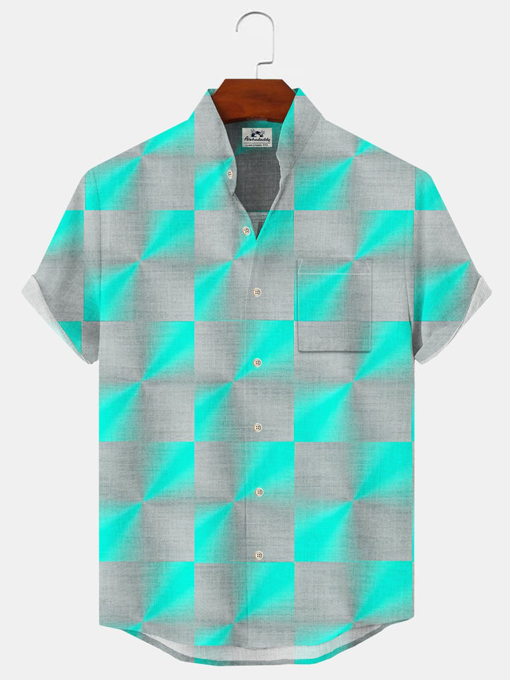 Alohadaddy Geometric Contrast Button Pocket Casual Short Sleeve Stand Collar Shirt